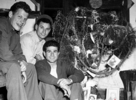 Christmas in the barracks at Yangkai, China, 1944. James Devol, Louis Macaluso, Vincent Luccarelli.  From the collection of Frank Bates.