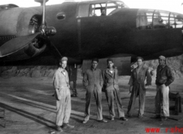 Swinging 59 gear, about June 1943, Chaukulia, India.  Dick Hoffman, Johnnie Burns, Pappy (Olin A.) Knowles, Karl Hammett, John Damanick[?], Farrin (?) in cockpit.