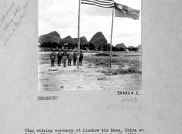 Flag raising ceremony at Liuchow (Liuzhou) Air Base, China, on 8 July 1945, after its re-occupation by the Allies.