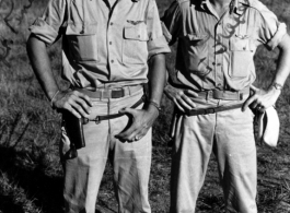 Capt. Penick and Lt. Fraker stand at an American base (either Guilin or Liuzhou) in Guangxi province, China, during WWII.