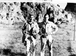 Major Fulcher and Capt. Penick stand at an American base (either Guilin or Liuzhou) in Guangxi province, China, during WWII.