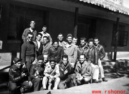 The men hanging out in Yangkai (Yangjie), Yunnan province, China. Walter S. Polchlopek is marked with an arrow.  Walter S. Polchlopek, Corporal, was lost on May 20, 1944, over the sea near the south east coast of China, after a B-24 mission to strike Japanese shipping.
