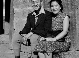 VIP Chinese couple pose at pavilion during a day outing in Songming county, during WWII.