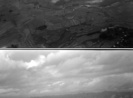 Rural landscapes as seen from a B-25 Mitchell, in SW China, or Indochina, or the China-Burma border area.  Karst mountains can be seen clearly in the lower image.