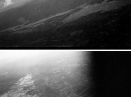 Aerial views as smoke rises on the ground after an attack by American B-25s in either SW China, Indochina, or the Burma area.  This might be fairly close to Tengchong in China. During WWII.