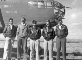 A crew of the 11th Bomb Squadron, 341st Bomb Group, stands beside a B-25 "Tokyo Jo" somewhere in China on 2 February 1943.  They are:  Capt. E. W. Holstrom Lt. L. J. Murphy Lt. Robert E. Davis Lt. Charles J. Carino T/Sgt. Adam R. Williams