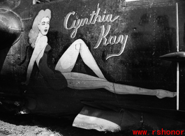 The crashed P-61 "Howe's About It" showing nose art of a woman reclining with the name "Cynthia Kay." 