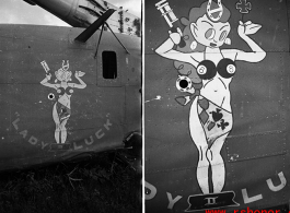 An image from the Roubinek Collection, showing the nose art of a crashed B-24 bomber, "Lady Luck II."