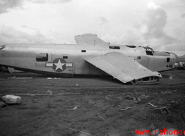 Crashed American B-24 in the boneyard at the American airbase at Luliang--many of these were used as salvage for spare and repair parts for planes that were still flying.  This was B-24L- 1-CO, #44-41442, 'Red Ass,' assigned to the 373rd Bomb Squadron of the 308th Bm Grp when it was transferred to Fourteenth AF Air Service Group on 8 Apr 45, just before the Squadron transferred to 446th Bm Grp at Tinian Airfield.    (Info thanks to tonystro)