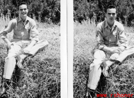 A GI poses sitting on the ground at an American air base in WWII in Yunnan province, China, most likely around the Luliang air base area.