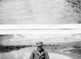 GI crossing a water-filled ditch, boots in hand. And GI leaning against bridge rail at Luliang. During WWII.