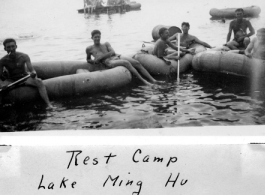 GIs ride rafts as Camp Schiel rest camp in China during WWII.