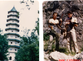 Pagoda at Purple Mt. Park, Nanjing, China, late 1945; Men holding carbines after the hunt.