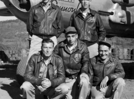 An aircrew of the 491st Bomb Squadron pose for photo with the "Wabash Cannonball", a B-25H, at Yangkai, Airbase, China, circa 1944.  Front row (left to right) - Cpl Glen A. Sneyd (engineer), S/Sgt Joseph A. Siana (armorer-gunner), T/Sgt Ashley F. Neary (radio);  Back - Capt. James L. Wolfe (bombardier), Lt. William H. Briggs (pilot).