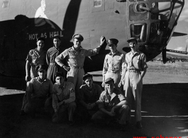 The B-24 bomber "HOT AS HELL" and crew in China during WWII.
