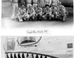 Colonel William D. Hopson and crew with their shark-teeth painted B-24; kissing the plane. At Palm Beach, Florida, after safe return to the US post-war. B-24 serial #44-51040. Painted under the nose window, "Maj. Dick Young," which may refer to Richard B. Young, who was in the original cadre, navigator of #42-40062  "FIVE BY FIVE." (Thanks metteor51.)