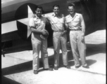 Captain Brignow, our Dentist. Mr. Clarkson, Red Cross Rep. Captain Wilson Porch.  Shamshernagar Air Base, India, June 1945.