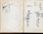 The wartime notebook of S/Sgt. Tom L. Grady. In his notebook, as a talented and curious young artist while in the CBI, he recorded scenes and vignettes that he saw in his life. He also recorded names and contact info for the people he met.  "Lt. Paul Hite, copilot, killed on March 26, 1943.  India from Grand Hotel balcony, Calcutta."
