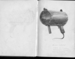 The wartime notebook of S/Sgt. Tom L. Grady. In his notebook, as a talented and curious young artist while in the CBI, he recorded scenes and vignettes that he saw in his life. He also recorded names and contact info for the people he met.  "Aldis lamp. Used to signal aircraft from control tower. India."