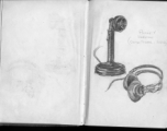 The wartime notebook of S/Sgt. Tom L. Grady. In his notebook, as a talented and curious young artist while in the CBI, he recorded scenes and vignettes that he saw in his life. He also recorded names and contact info for the people he met.  "Phone & headset (control tower, India)."