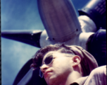 Stanley Mamlock posing before propeller of a P-51 in the CBI.  During WWII.