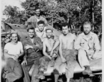"Part of boys, a very nice picture."  Leo Spearence (with pipe) in center, John Schuhart (far right).  Likely in Burma. 2005th Ordnance Maintenance Company,  28th Air Depot Group.