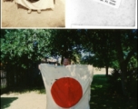 George Pollock holds a captured Japanese Good-Luck Flag  (寄せ書き日の丸)  in China in 1945 which flew over the Lungling battlefield, later given to Ron Pettus for museum.  Photos from George E. Pollock.
