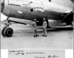 The B-29 bomber "Georgia Peach," with six camels painted on to count the number of times having flown over "The Hump." July 23, 1944. Major Seaton. Kharagpur, India, to China.