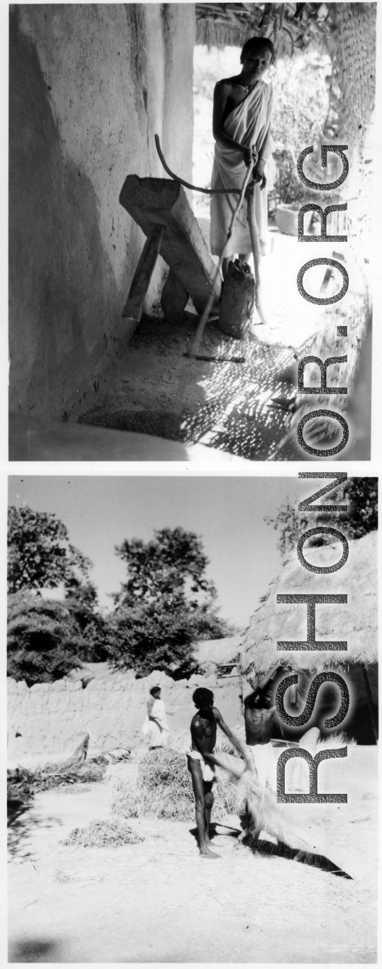 Dehusking grain by "dhenki" foot lever (top), and threshing grain (bottom). India.  Scenes in India witnessed by American GIs during WWII. For many Americans of that era, with their limited experience traveling, the everyday sights and sounds overseas were new, intriguing, and photo worthy.