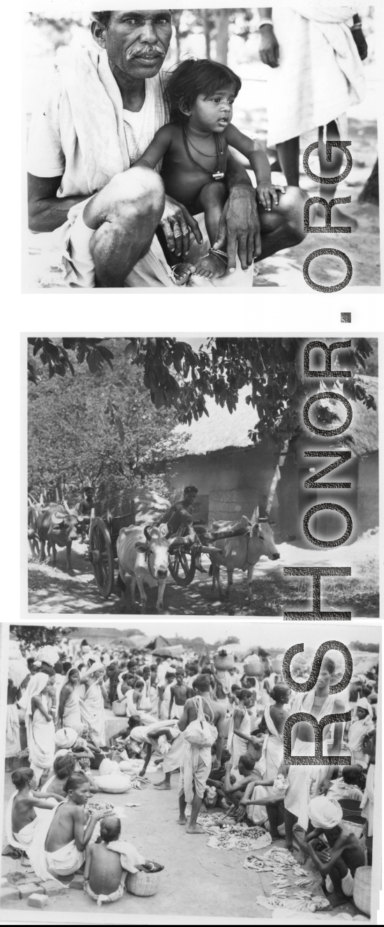 Man holding child (top), ox pulling cart (middle), and bustling market with produce (bottom).  Scenes in India witnessed by American GIs during WWII. For many Americans of that era, with their limited experience traveling, the everyday sights and sounds overseas were new, intriguing, and photo worthy.