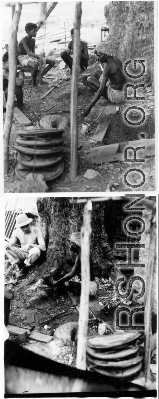Men work metal with hand bellows.   Scenes in India witnessed by American GIs during WWII. For many Americans of that era, with their limited experience traveling, the everyday sights and sounds overseas were new, intriguing, and photo worthy.