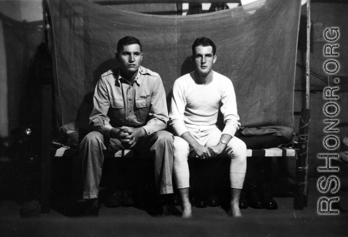 View inside barracks for two GIs in Yunnan, China, during WWII.