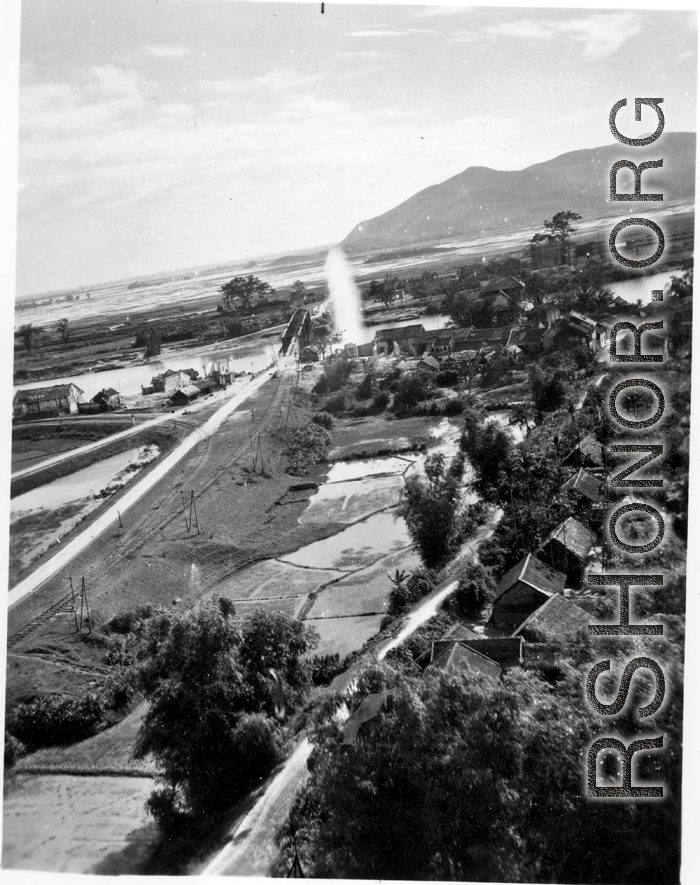Bombing of Đò Lèn Bridge in Hà Trung Town in French Indochina (Vietnam), during WWII. In northern Vietnam, and along a critical rail route used by the Japanese.
