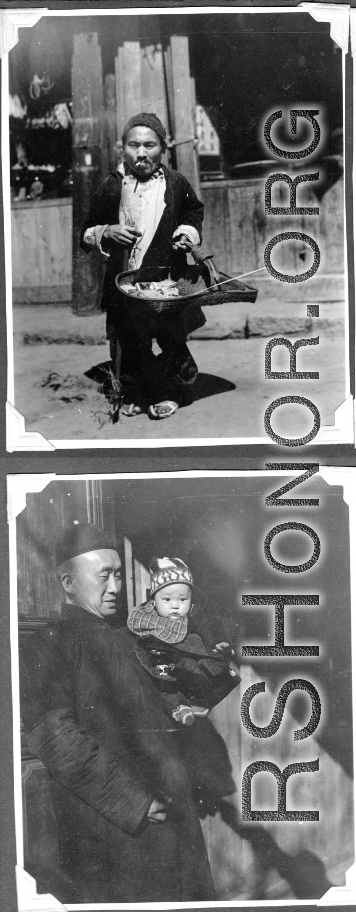 Scenes in Kunming, China, area during WWII: Cigarette vendor, man holding child.