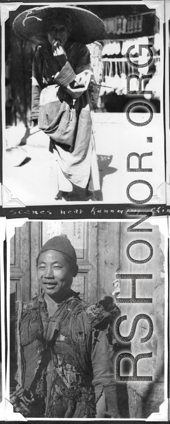 Scenes in Kunming, China, area during WWII: Old man smoking, poor young man.