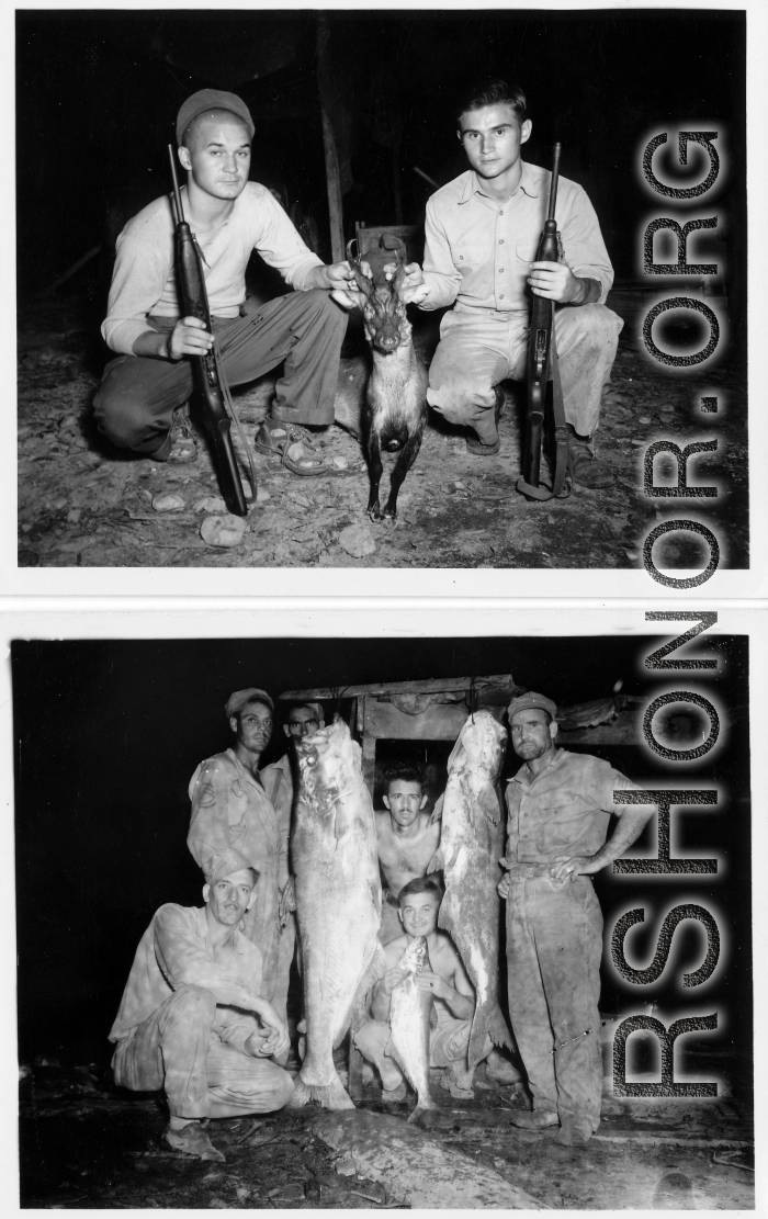 Engineers of the 797th Engineer Forestry Company pose with their catch after a round of huntin' and fishin' in Burma.  During WWII.