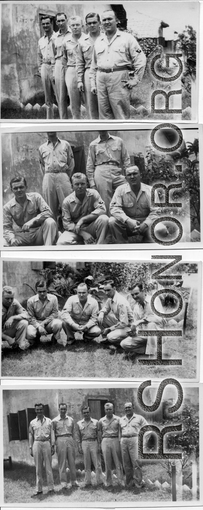 Boys of the 2005th Ordnance Maintenance Company,  28th Air Depot Group, in various poses--possibly showing of new sergeant stripes--in India or Burma. During WWII.