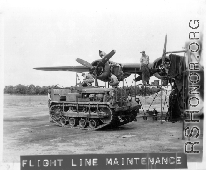 Flightline maintenance of a F-7/B-24 in India. 24th Combat Mapping Squadron, 8th Photo Reconnaissance Group, 10th Air Force