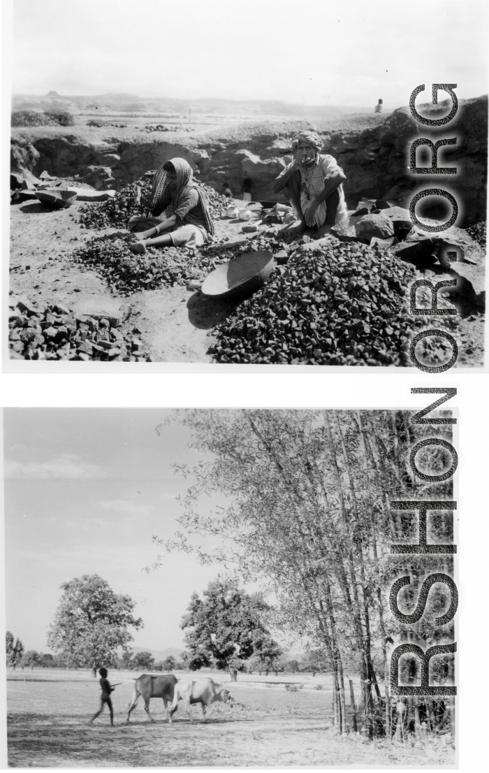 People crushing rocks by hand (top), and boy herding cows (bottom).  Scenes in India witnessed by American GIs during WWII. For many Americans of that era, with their limited experience traveling, the everyday sights and sounds overseas were new, intriguing, and photo worthy.