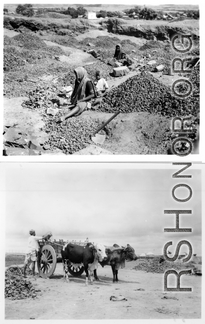 Workers crush and transport rock.  Scenes in India witnessed by American GIs during WWII. For many Americans of that era, with their limited experience traveling, the everyday sights and sounds overseas were new, intriguing, and photo worthy.