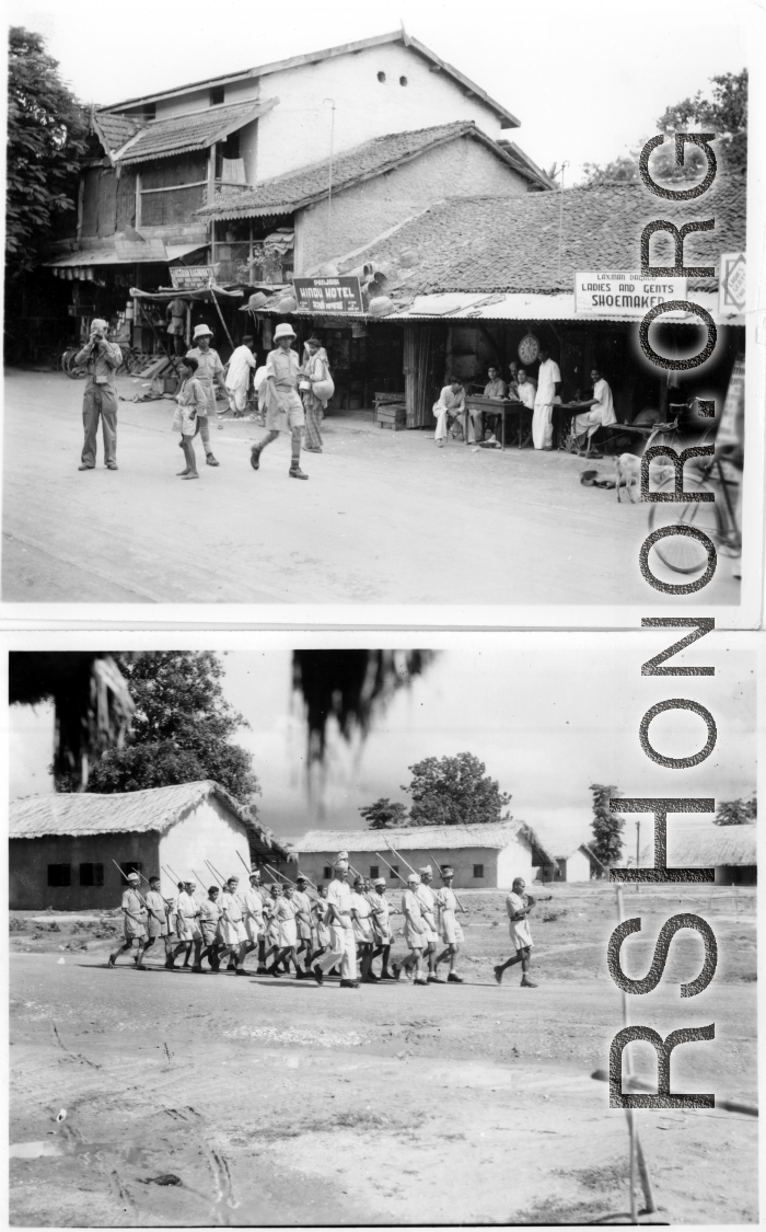 GIs explore an Indian street (including one with a camera; top), and Indian soldiers march on a base, within wooden staffs standing in for rifles (bottom).  Scenes in India witnessed by American GIs during WWII. For many Americans of that era, with their limited experience traveling, the everyday sights and sounds overseas were new, intriguing, and photo worthy.