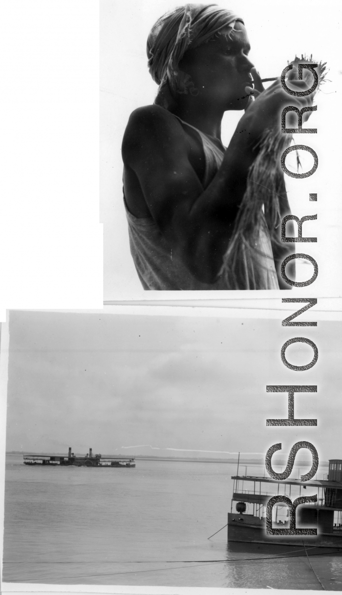 A man lights rolled tobacco with burning straw (top), and ships float on a river (bottom).  Scenes in India witnessed by American GIs during WWII. For many Americans of that era, with their limited experience traveling, the everyday sights and sounds overseas were new, intriguing, and photo worthy.