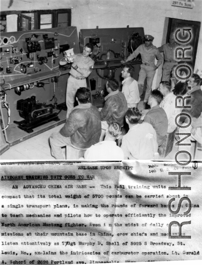 T/Sgt. Murphy D. Shell explains the intricacies of carburetor operation. with a model of P-51 systems set up behind him, to pilots and mechanics. In China.