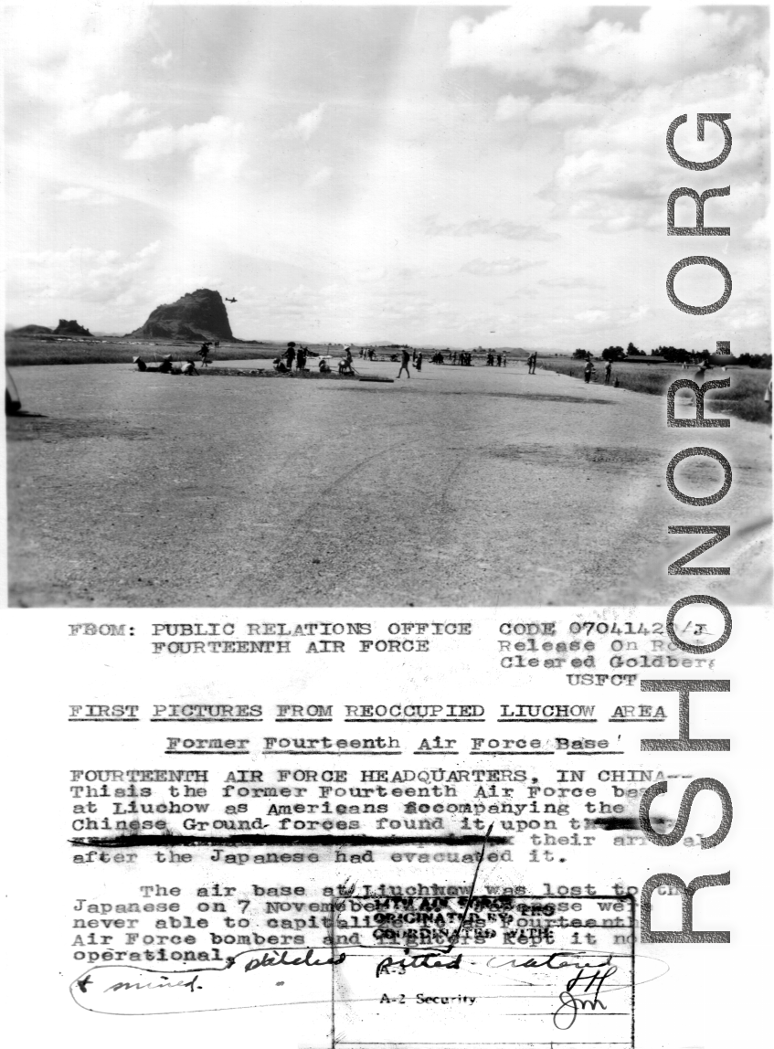 This is the former Fourteenth Air Force base at Liuchow as Americans accompanying the Chinese Ground forces found it upon their arrival, after the Japanese had evacuated it.