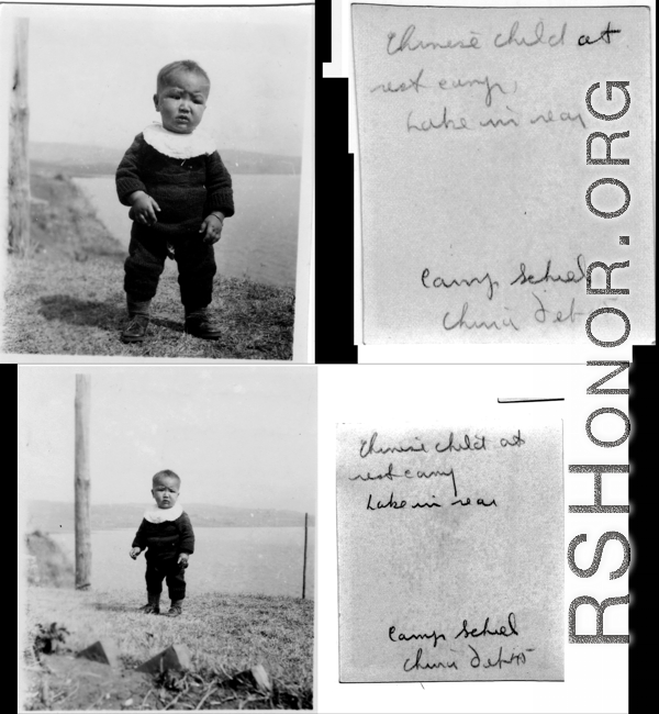 Child standing at Camp Schiel, China, February 1945, with Yangzonghai lake (阳宗海) lake behind.