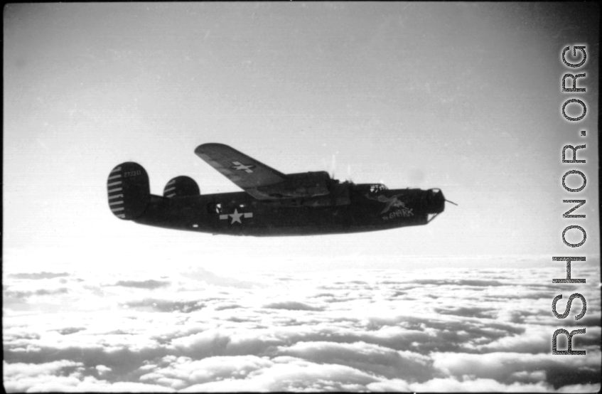 B-24 bomber "The Snark" in flight  in the CBI.    From the collection of Hal Geer.