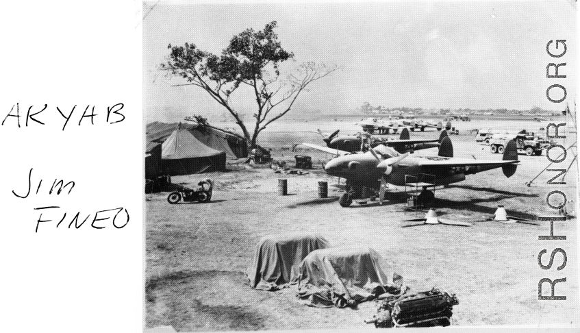 P-38s parked at Akyab during WWII.  Photo from Jim Fineo.