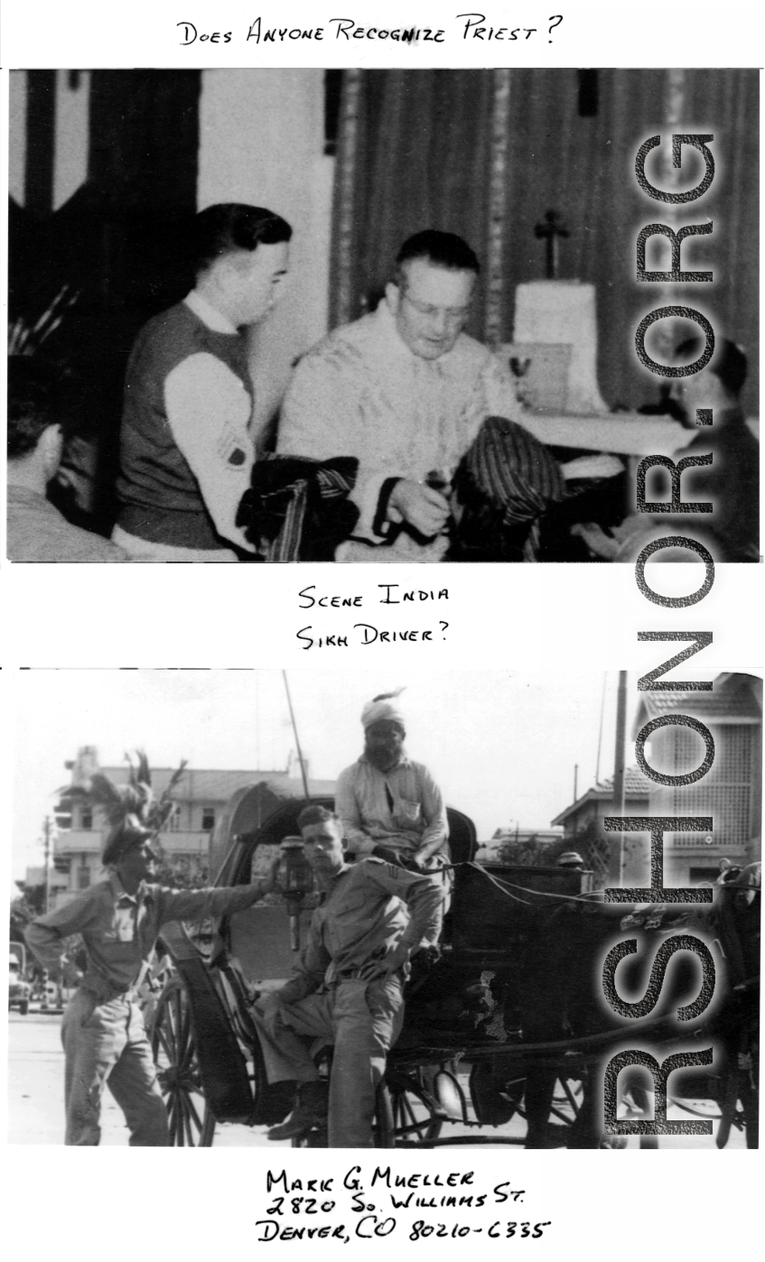 Priest performing religious service; GIs with carriage and turbaned driver.   Image from Mark G. Mueller.  In the CBI during WWII.