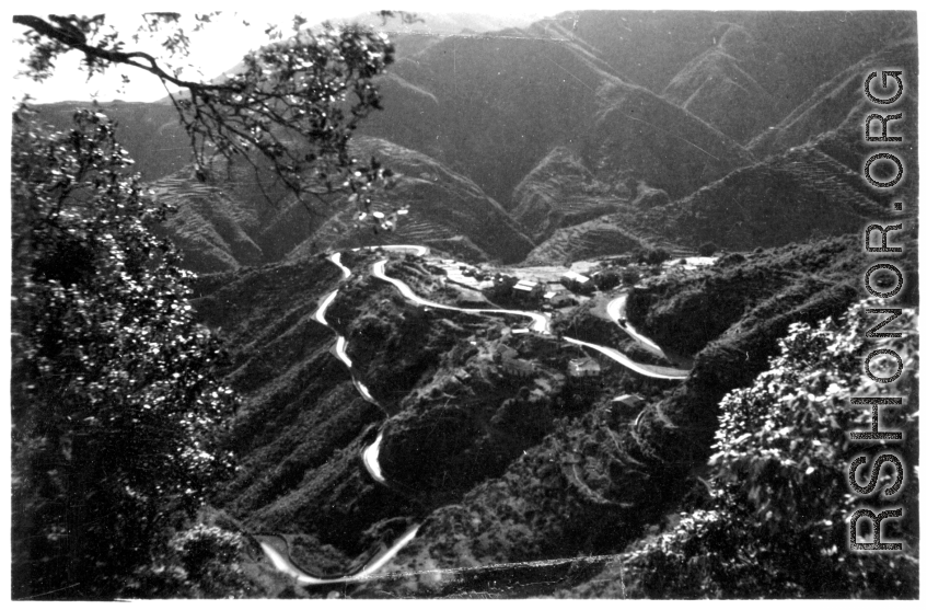 A winding road climbs into the mountains in India near Mussoorie.  Local images provided to Ex-CBI Roundup by "P. Noel" showing local people and scenes around Mussoorie, India.  In the CBI during WWII.