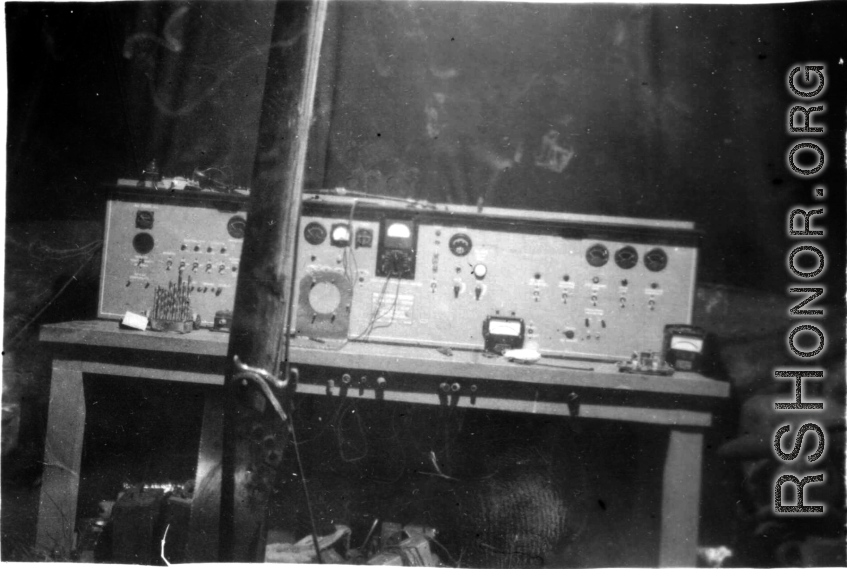 An instrument testing table in a tent in China, used by the 396th Air Service Squadron. During WWII.